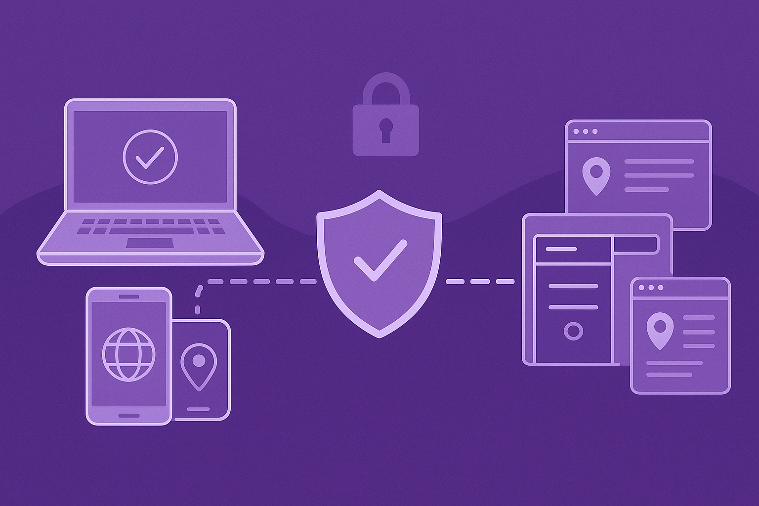 Схема работы защищённого канала: устройство → защищённый канал → сервер → сайты